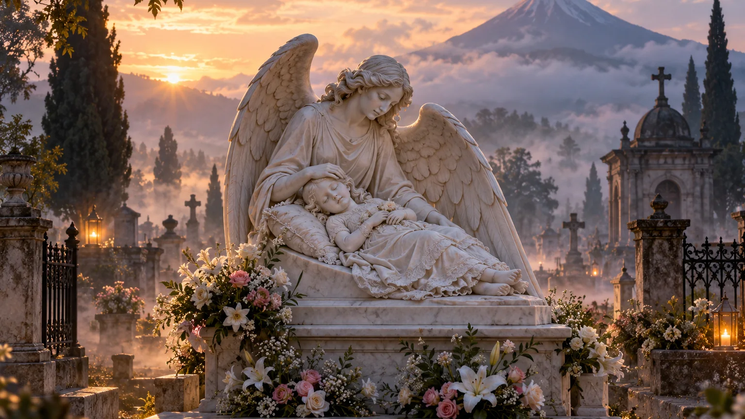 La niña del ángel y las flores del cementerio